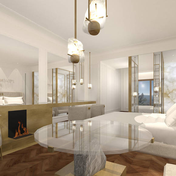 Elegant deluxe room with soft beige tones, fireplace, and mountain view through large windows