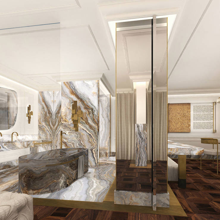 Luxurious marble bathroom and dining area with golden details in the Presidential Blue Suite