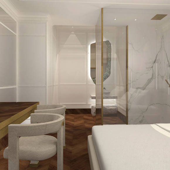 Stylish cozy room with marble shower, wooden flooring, and elegant modern furnishing in Royal Marmin Arachova