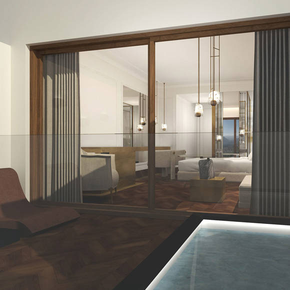 Deluxe mountain-view room with private terrace, fireplace, and heated plunge pool in Royal Marmin Arachova