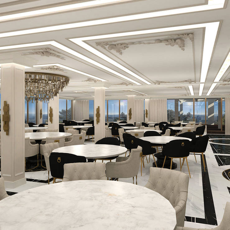 Royal Marmin Arachova restaurant with golden chandeliers, marble walls, and luxurious seating