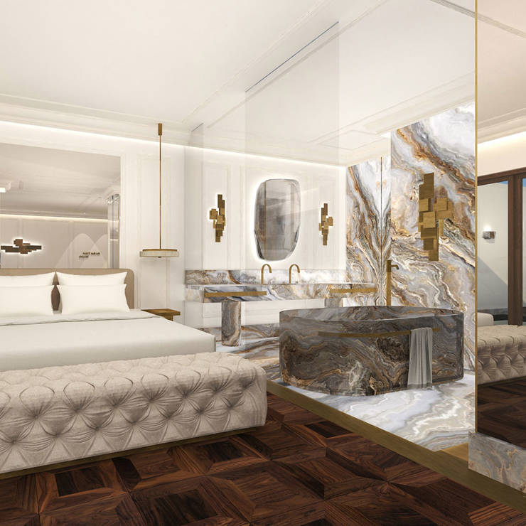 Sophisticated bedroom with marble spa-tyle bathroom and panoramic mountain view