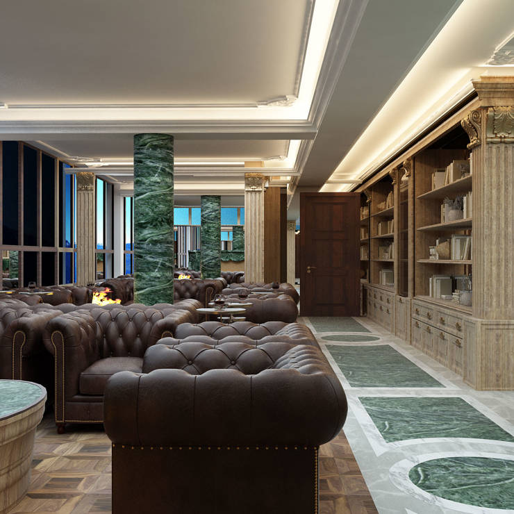 Sophisticated cigar lounge with leather sofas, marble accents, and warm lighting in Royal Marmin Arachova