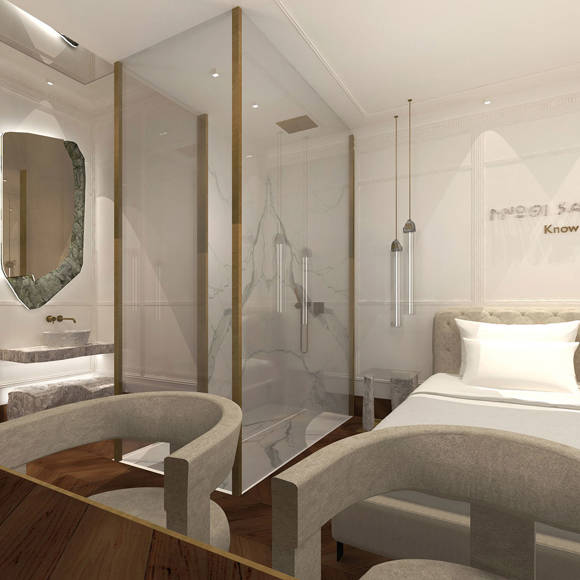 Elegant cozy room with king bed, marble shower, and minimalist design overlooking the mountains