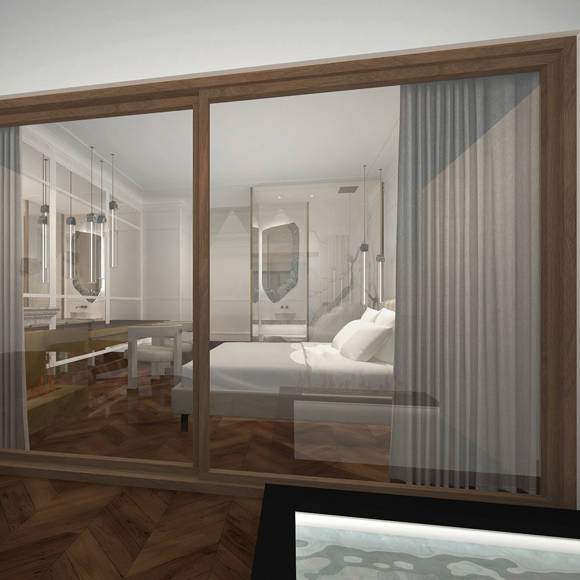 Cozy mountain-view room with glass wall, fireplace, and warm modern interior in Royal Marmin Arachova