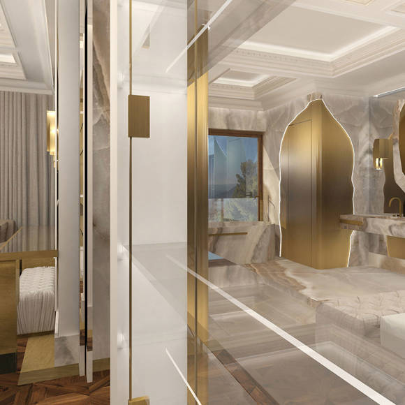 Luxurious open-plan suite with marble bathroom, gold lighting accents, and mountain views