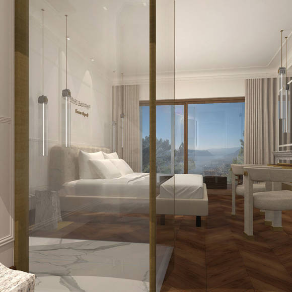 Bright cozy room with modern decor, wooden floors, and mountain view from large windows