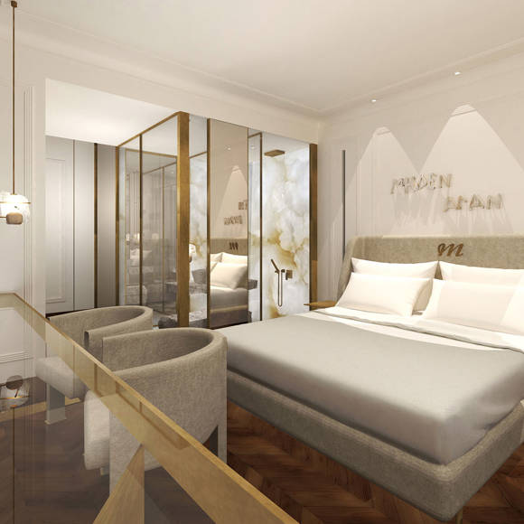 Elegant deluxe room with king bed, marble bathroom, and warm contemporary design in Royal Marmin Arachova