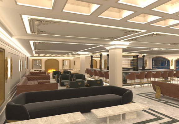 Elegant hotel lobby with bar area, plush seating, and refined lighting design in Royal Marmin Arachova