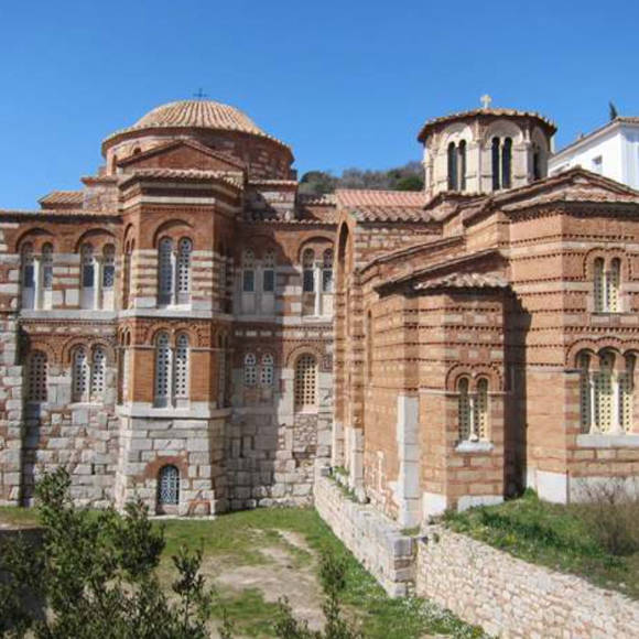 Exterior view of the Byzantine Monastery of Hosios Loukas nestled on the slopes 