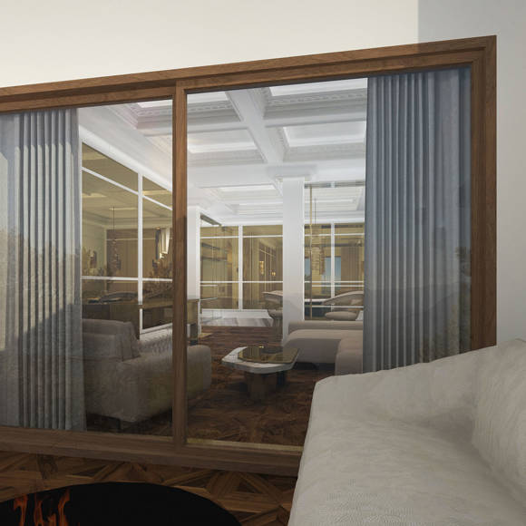 Outdoor lounge area with sofa and firepit overlooking the elegant interior through large glass doors