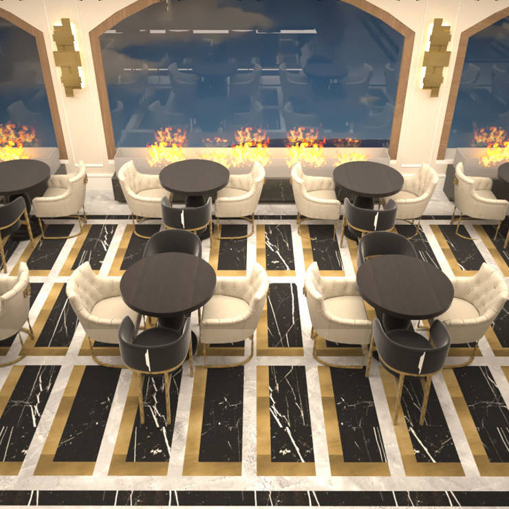 Chic dining area with elegant marble flooring, ambient lighting, and window fire features in Royal Marmin Arachova
