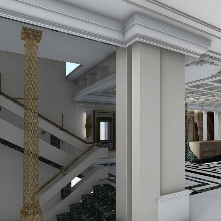 Grand staircase with marble steps, golden columns, and elegant architectural details in Royal Marmin Arachova