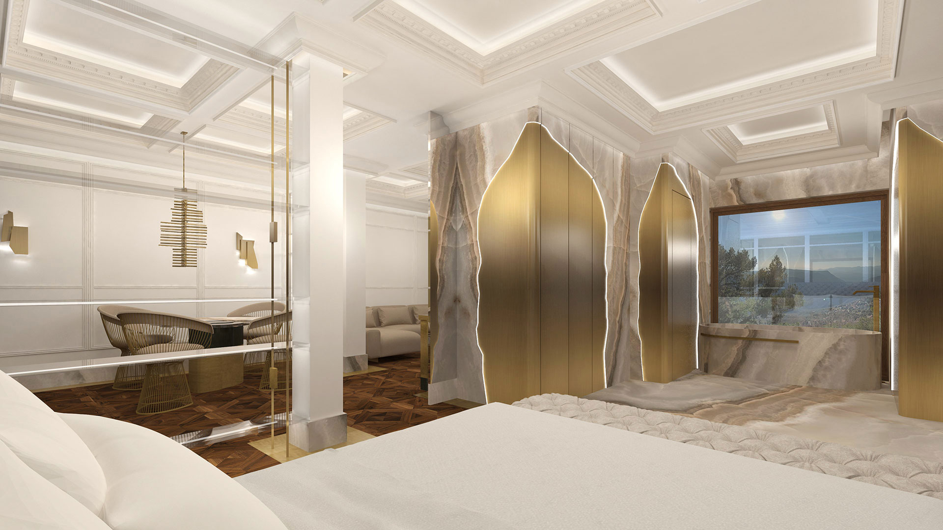 Luxurious bedroom with gold-accented marble walls and panoramic mountain view in Royal Golden Suite