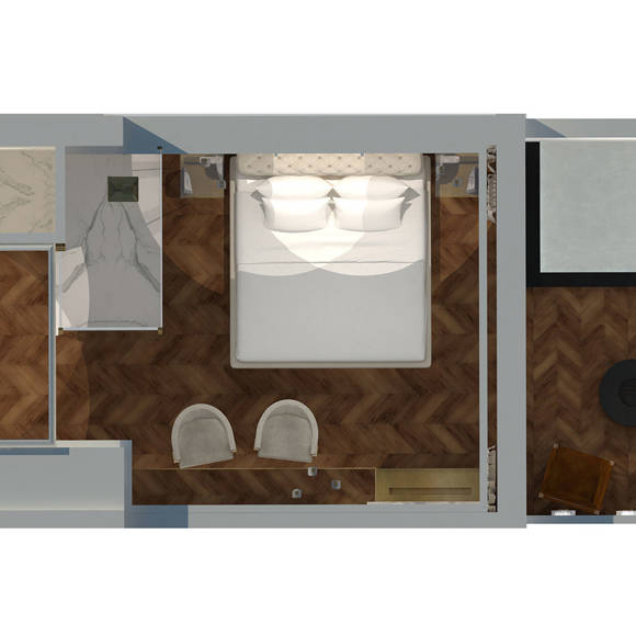 Top-down floor plan of cozy mountain-view room featuring king bed, marble bathroom, and balcony