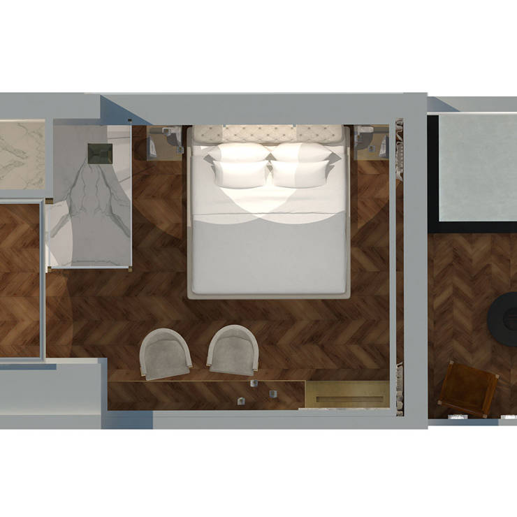 Top-down floor plan of cozy mountain-view room featuring king bed, marble bathroom, and balcony