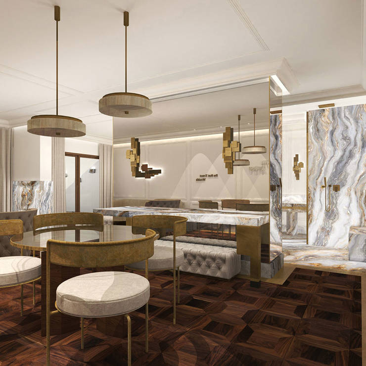 Elegant dining area with marble surfaces, golden fixtures, and soft beige tones in Presidential Blue Suite