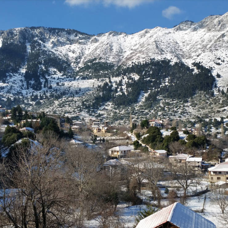 Snow-covered Agoriani village nestled among pine forests and mountain slopes