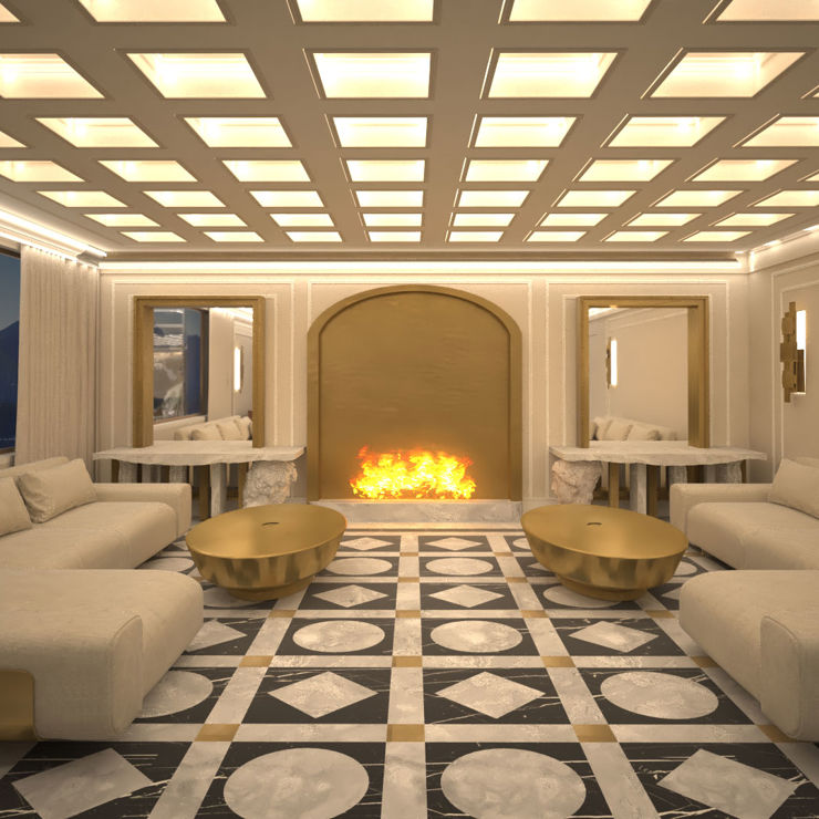Refined hotel lounge with soft beige sofas, marble flooring, and a golden fireplace centerpiece in Royal Marmin Arachova