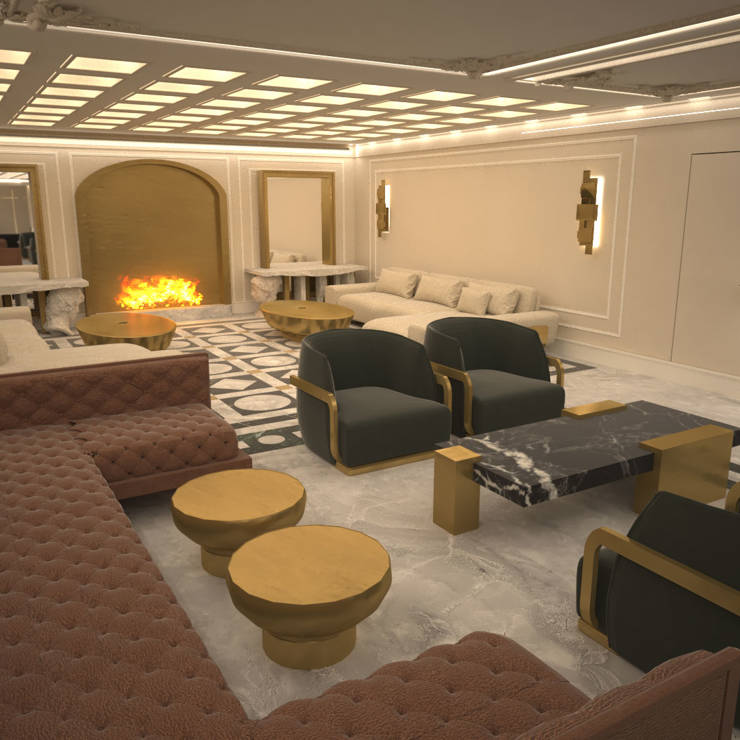 Luxurious lounge area with warm lighting, plush seating, and an elegant fireplace centerpiece in Royal Marmin Arachova