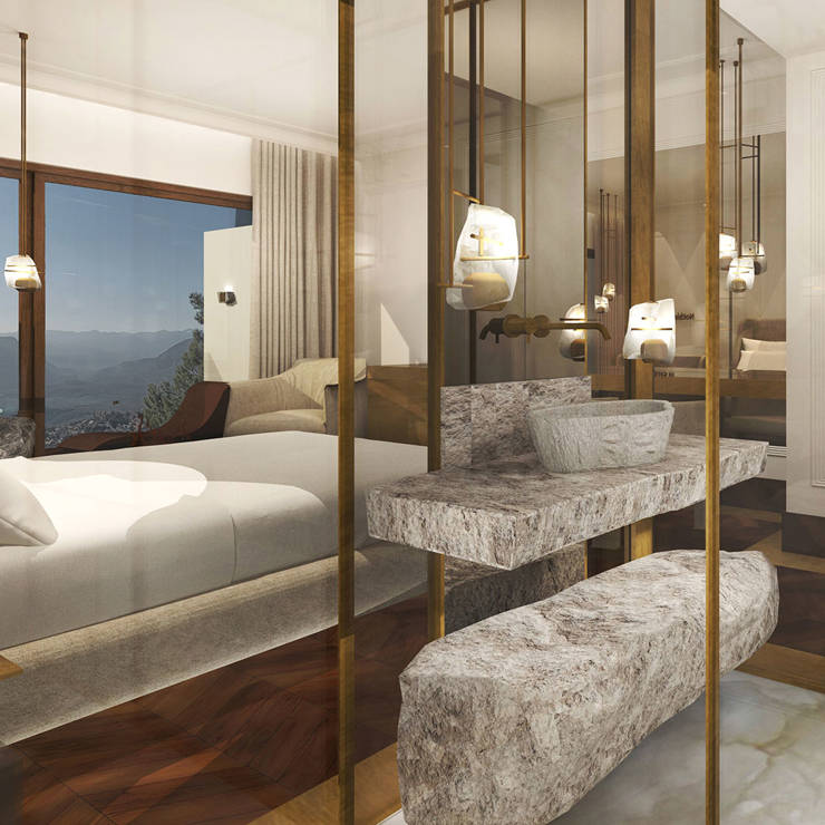 Deluxe mountain-view room with stone bathroom design and panoramic windows in Royal Marmin Arachova