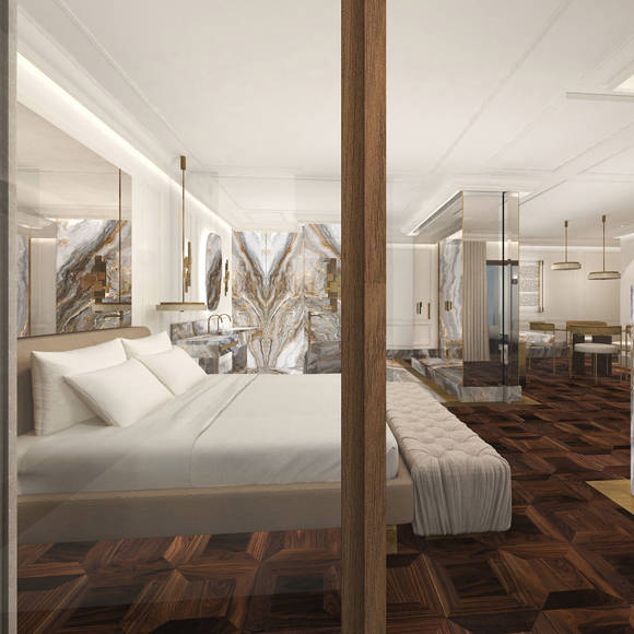 Spacious bedroom with marble accents, soft lighting, and modern decor in Presidential Blue Suite