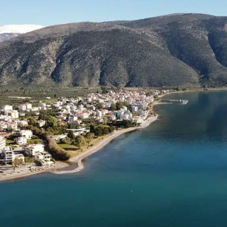Aerial panoramic view of Kirra coastal village and lush green terrain