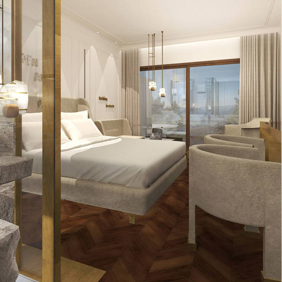 Deluxe mountain-view room with stone sink, modern lighting, and elegant earthy tones in Royal Marmin Arachova