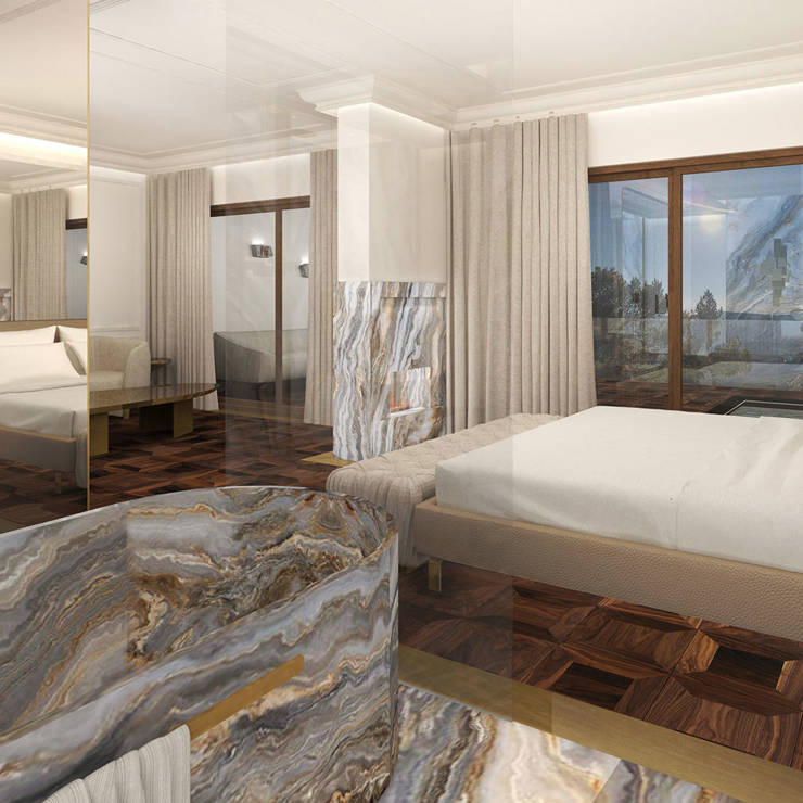 Spacious Presidential Blue Suite with marble bathtub, fireplace, and stunning mountain views