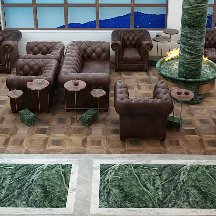 Luxurious cigar lounge with leather sofas, marble fireplace, and elegant green accents in Royal Marmin Arachova