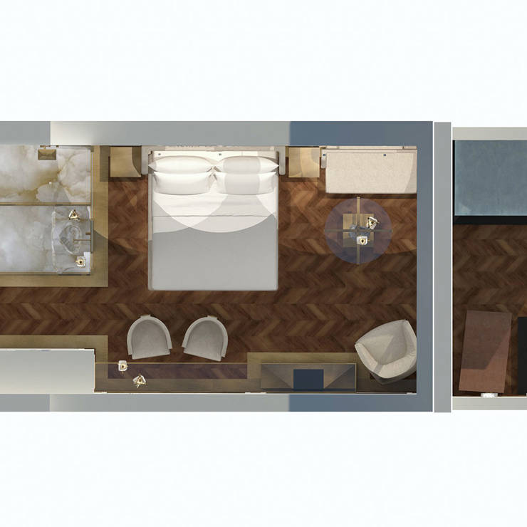 Top view layout of the deluxe mountain-view room with bedroom, marble bathroom, and outdoor jacuzzi