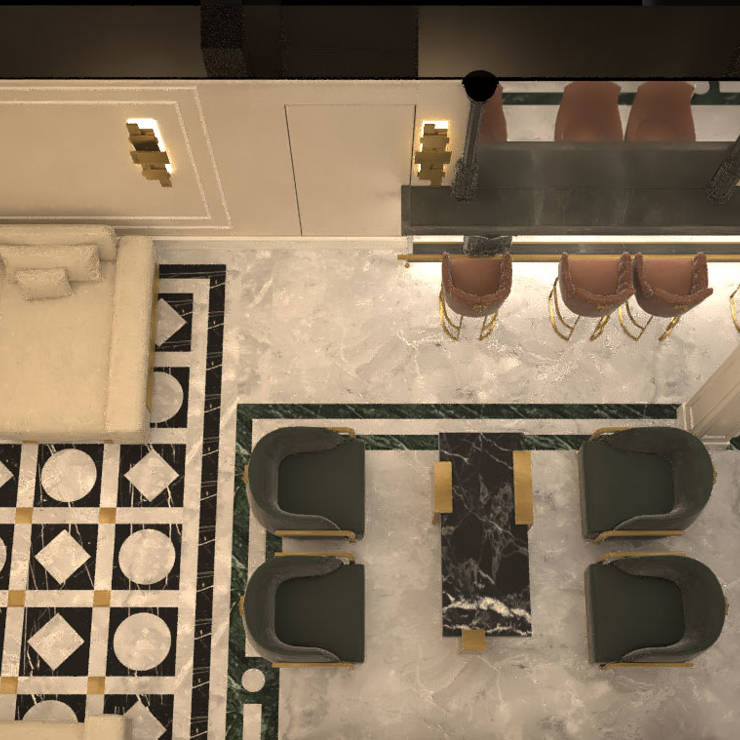 Top down view of the elegant lobby with marble floors, bar area, and stylish lounge seating in Royal Marmin Arachova