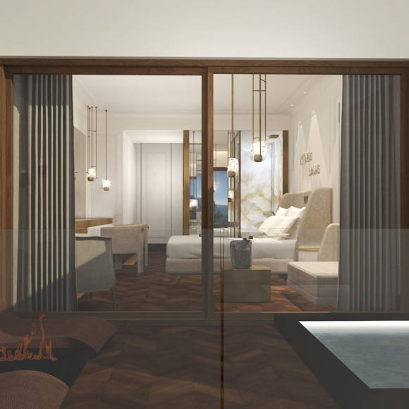 Deluxe mountain-view room with private terrace, loungers, and heated plunge pool in Royal Marmin Arachova