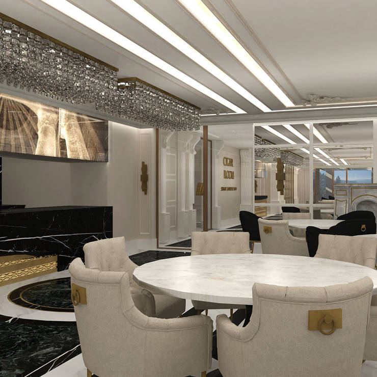 Luxurious interior of Royal Marmin Arachova interior, with golden accents and cozy seating