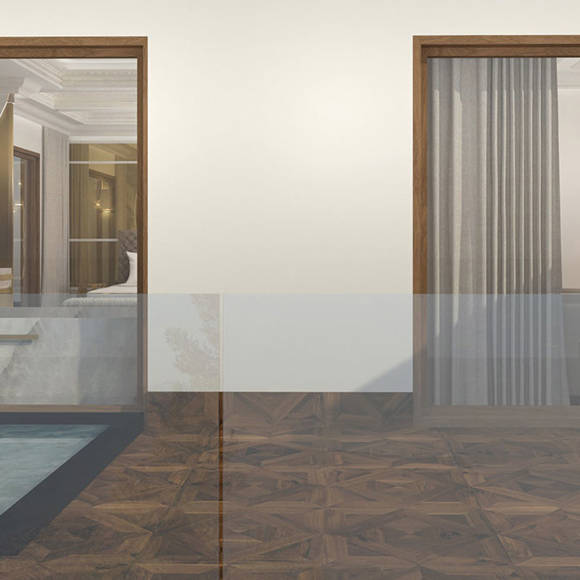 Private outdoor area with heated plunge pool and direct view into the marble and gold suite interior 